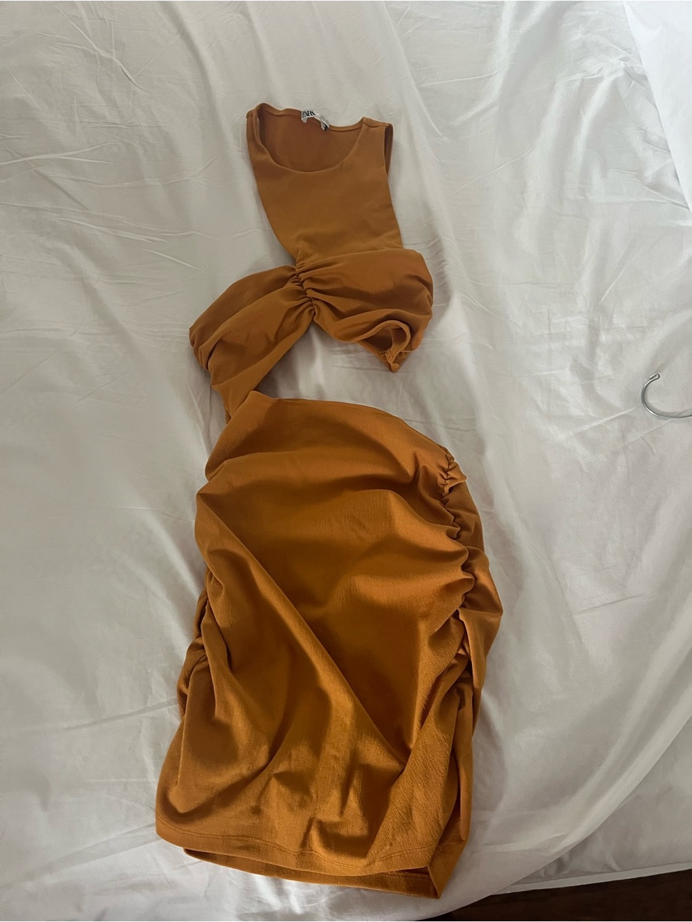 Zara Rusty Mustard Ruched Mini Dress